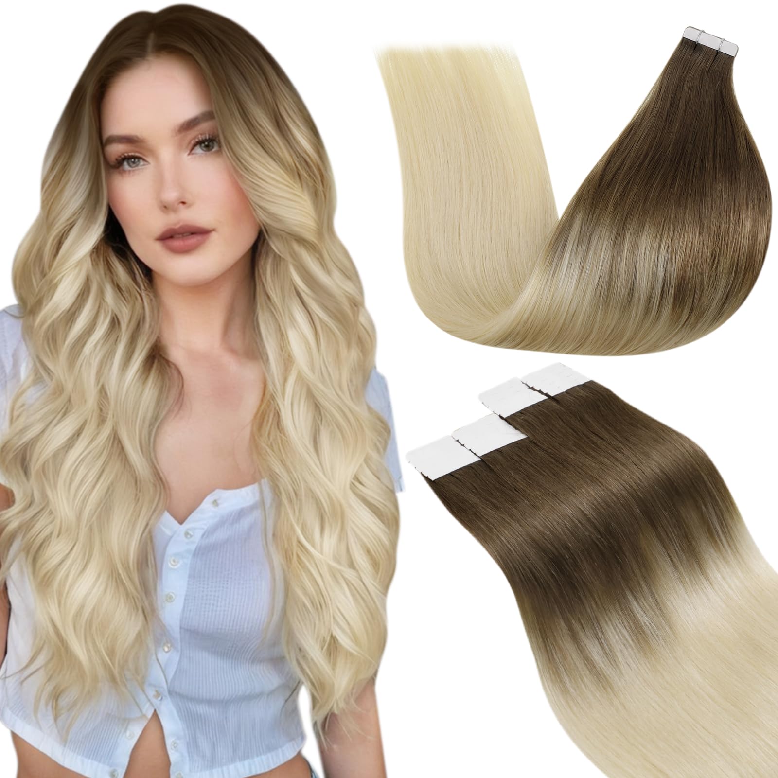 LaaVoo Tape in Hair Extensions Human Hair Blonde Tape Hair Extensions Real Human Hair Invisible Tapes Remy Straight Balayage Brown to Light Blonde Hair Double Sided Tabs 20pcs 30g 12 Inch #8/59