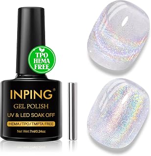INPING Half Permanent Nail Polish Magnetic TPO-FREE HEMA-FREE, Iridescent Glitter Holographic Transparent Cat Eye Semi-Permanent Nail Polish for Nail Art, 5ml
