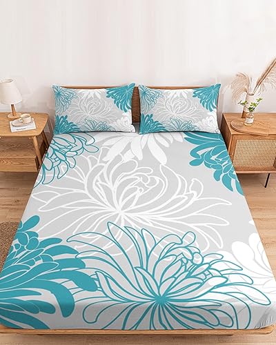 Miniatura 3 de Blossoms - Sábana bajera ajustable con diseño de flores de crisantemo, sábanas inferiores elásticas con bolsillo profundo para colchones de hasta 16