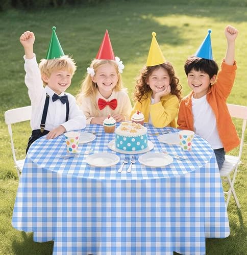 Miniatura 2 de SietDESEO Paquete de 2 manteles redondos de cuadros azul claro de 84 x 84 pulgadas, manteles desechables a cuadros azules y blancos, para camping,