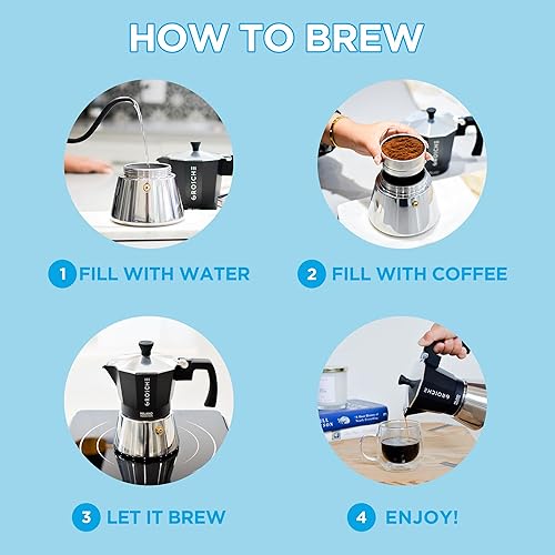 Miniatura 2 de Grosche Milano Máquina de café espresso para estufas de greca, inducción, eléctricas y de gas, apta para lavavajillas, 3 tazas de espresso, negro