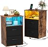 Qupui Night Stand set 2 with charging station and Led light, Small nightstand with 2 Drawers, Smart nightstand with open storage, Bedside Nightstand for Bedroom, Living Room, Bed and Top, rustic brown