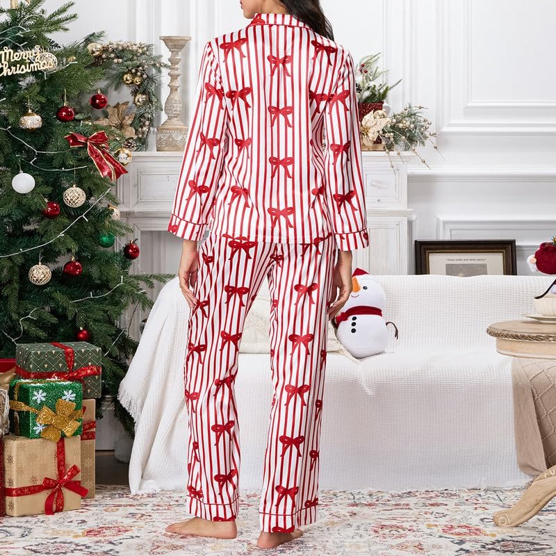 NUFIWI Womens Christmas Satin Pajamas Set Long Sleeve Silk Button Down Shirt and Pants 2 Piece Pj Sets Xmas Loungewear - Image 3