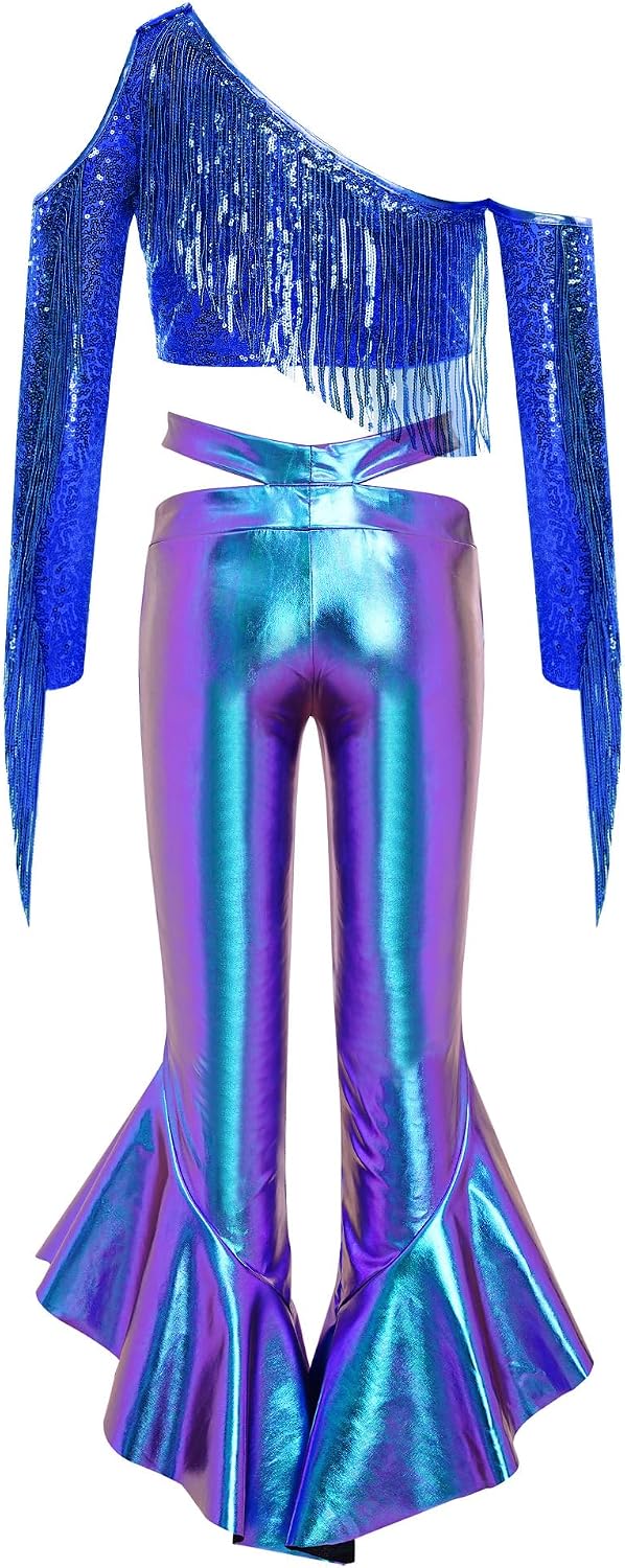 Shinsto Girls Metallic Disco Pants Jazz Hip Hop Dance Tops Party Outfits Stage Performance Clothes Sets