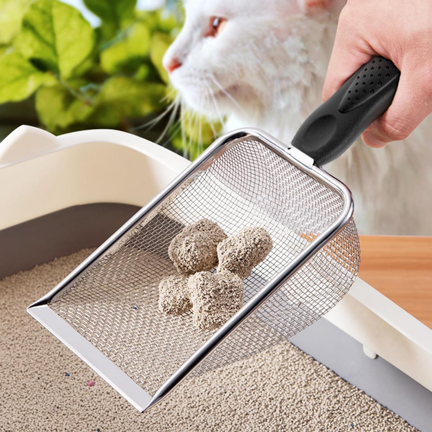 Professional Cat Litter Scoop - Stainless Steel Mesh Litter Shovel - Long Handle Sifting Shovel with Non-Slip Grip - Durable & Rust Resistant for Easy Waste Removal - Black