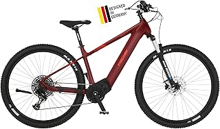 Fischer E-Mountain Bike MONTIS 7.0i Bicicletta elettrica per uomo e donna, RH 43 cm, motore centrale 70 Nm, batteria 36 V, rosso porpora, 43-630 Wh
