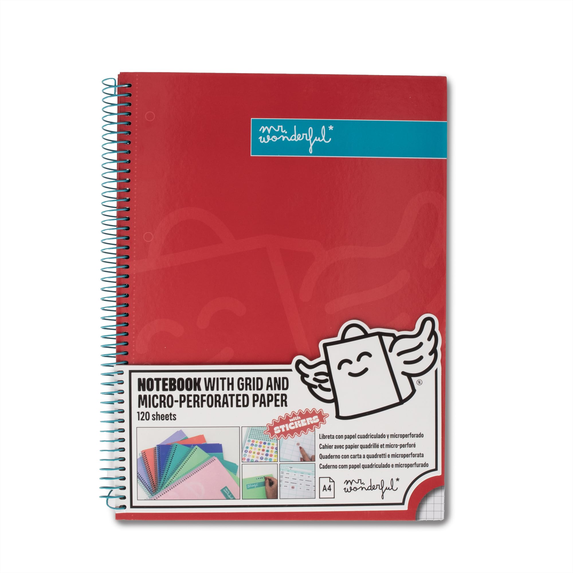 Mr. Wonderful - A4 Red Notebook - 240 micro-perforated squared pages - Extra Hard Cover - Spiral Binding- Includes stickers