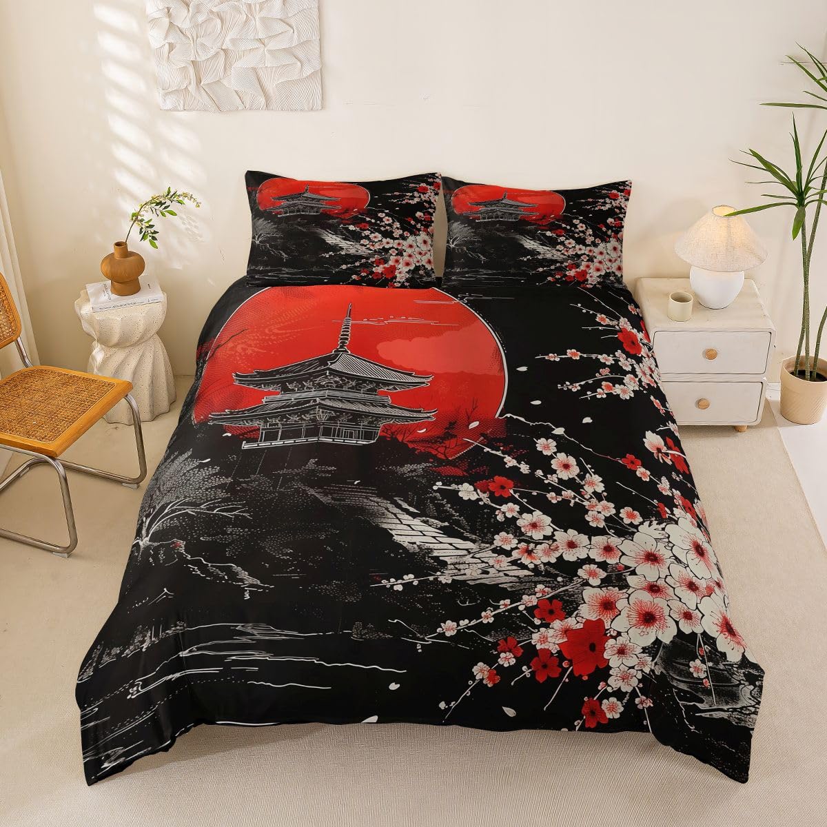 Loussiesd Cherry Blossom Duvet Cover Super King Size Japanese Style Bedding Set for Boys Girls Sunset Comforter Cover Oriental Landscape Bedroom Decor 3Pcs โ image 1