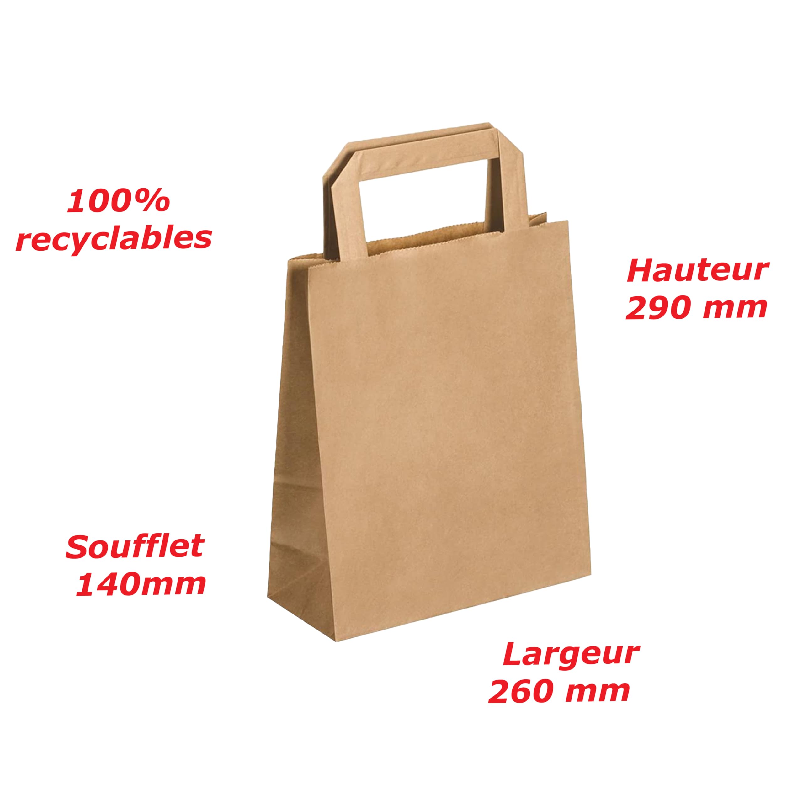 JeCo - Lot de 250 Sacs Cabas en Papier Kraft Brun avec poignée Plate 26 x 14 x 29cm 10 litres résistant Papier 80g/m² Sac Marron Havane Vente à emporter Emballage Commerce Sac Cadeau