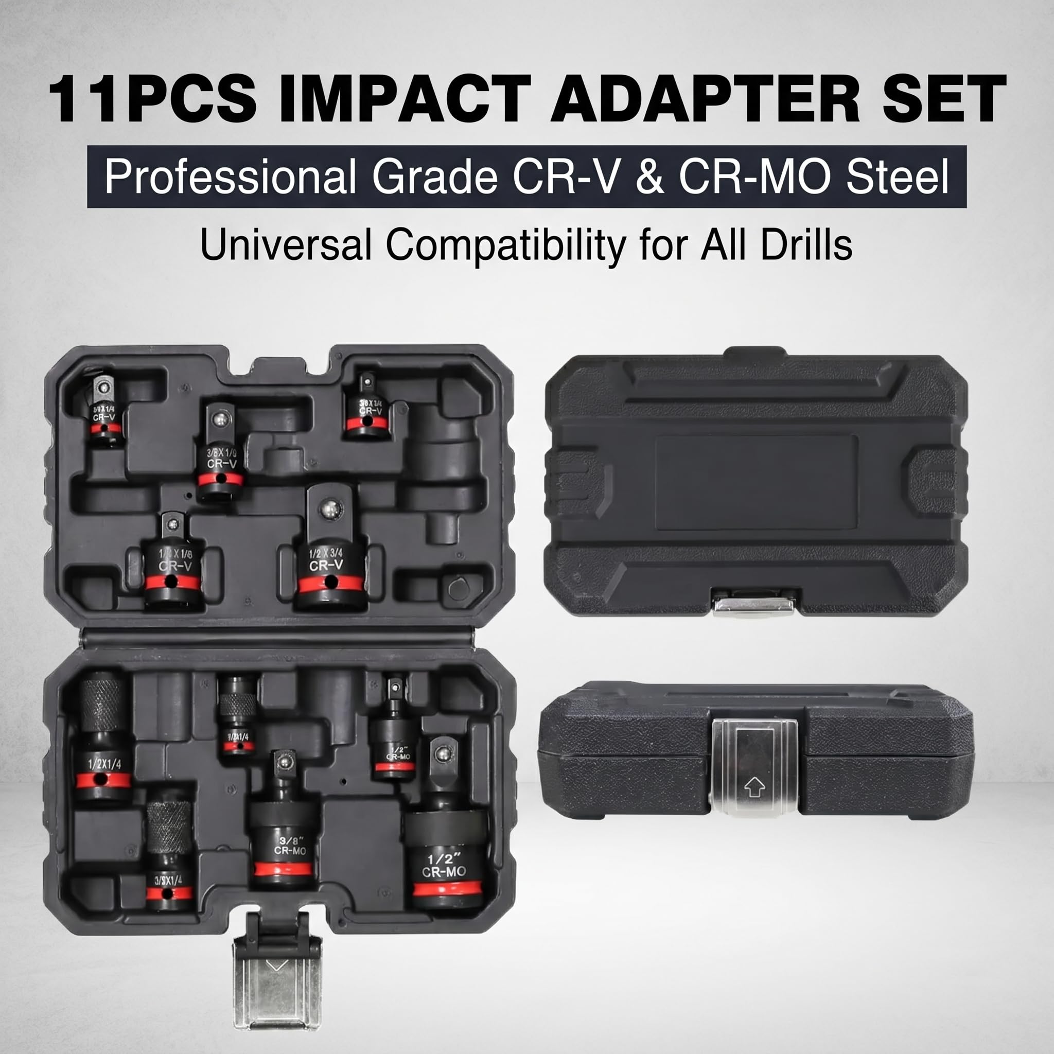 Kit da 11 Pezzi Adattatore e Riduzione per Bussola ad Impatto, Prolunghe e Giunto Cardanico in CR-V/CR-MO, 1/4" 3/8" 1/2" per Chiave a Cricchetto, Avvitatore, Chiave Dinamometrica, con Astuccio