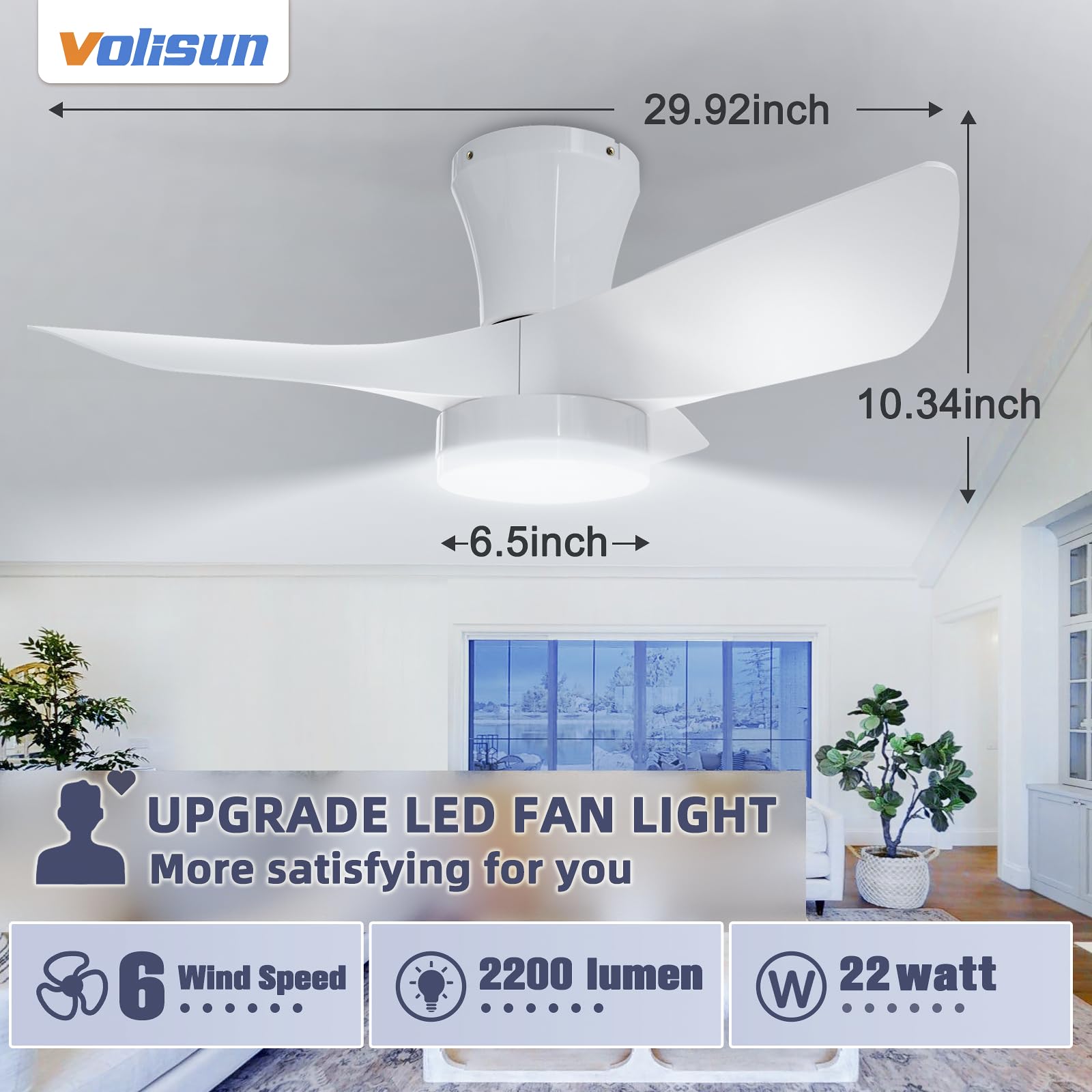 VOLISUN Small Ceiling Fans with Lights, 30in Flush Mount Ceiling Fan with Light and Remote, 3CCT Dimmable Low Profile Ceiling Fans with Light,White Modern Ceiling LED Fan Light for Bedroom,Livingroom