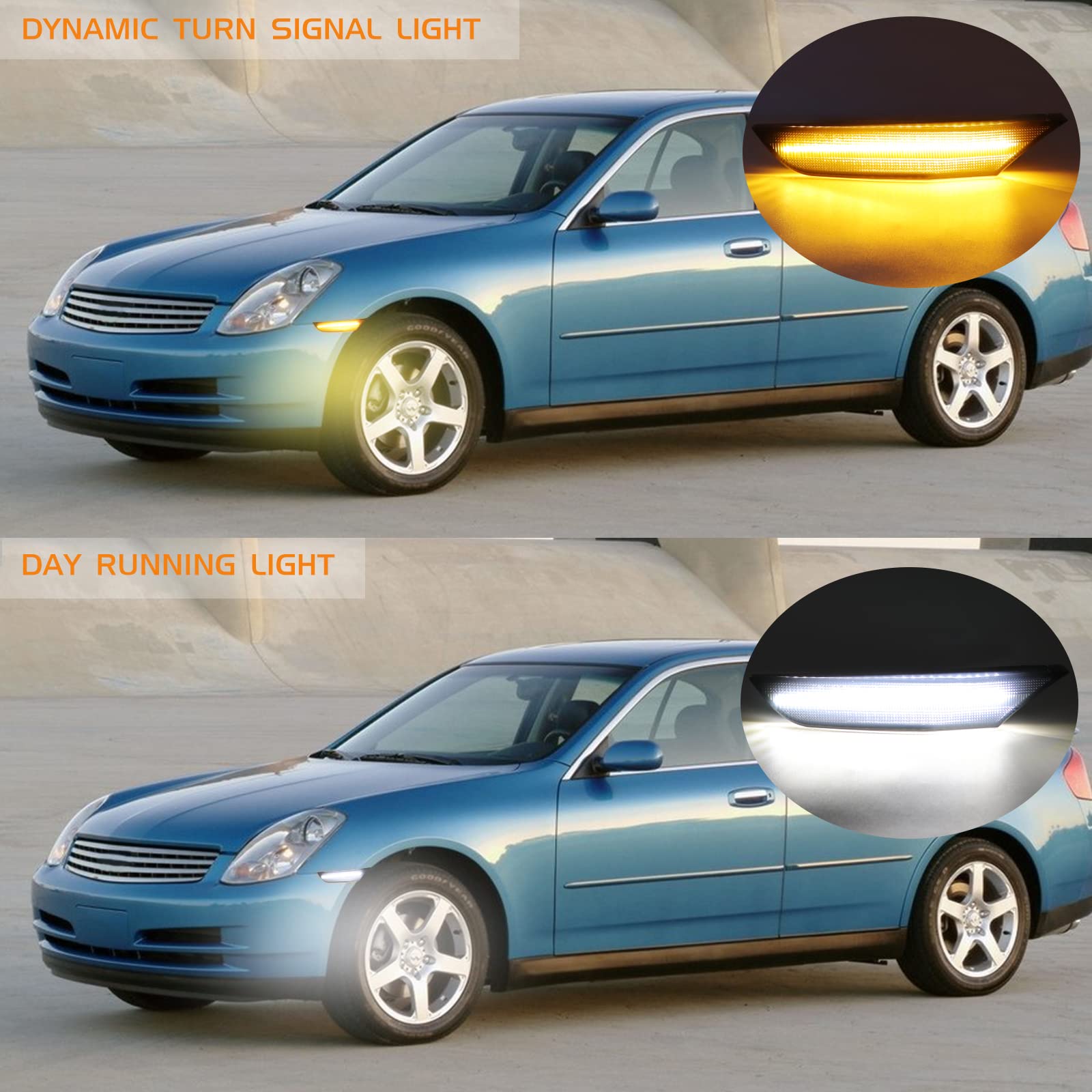 Switchback Ámbar Blanco LED Luces de posición laterales para Infiniti G35 Base X Sport Journey Lente ahumada Parachoques delantero Secuencial Ámbar Intermitentes Blanco Luz de posición