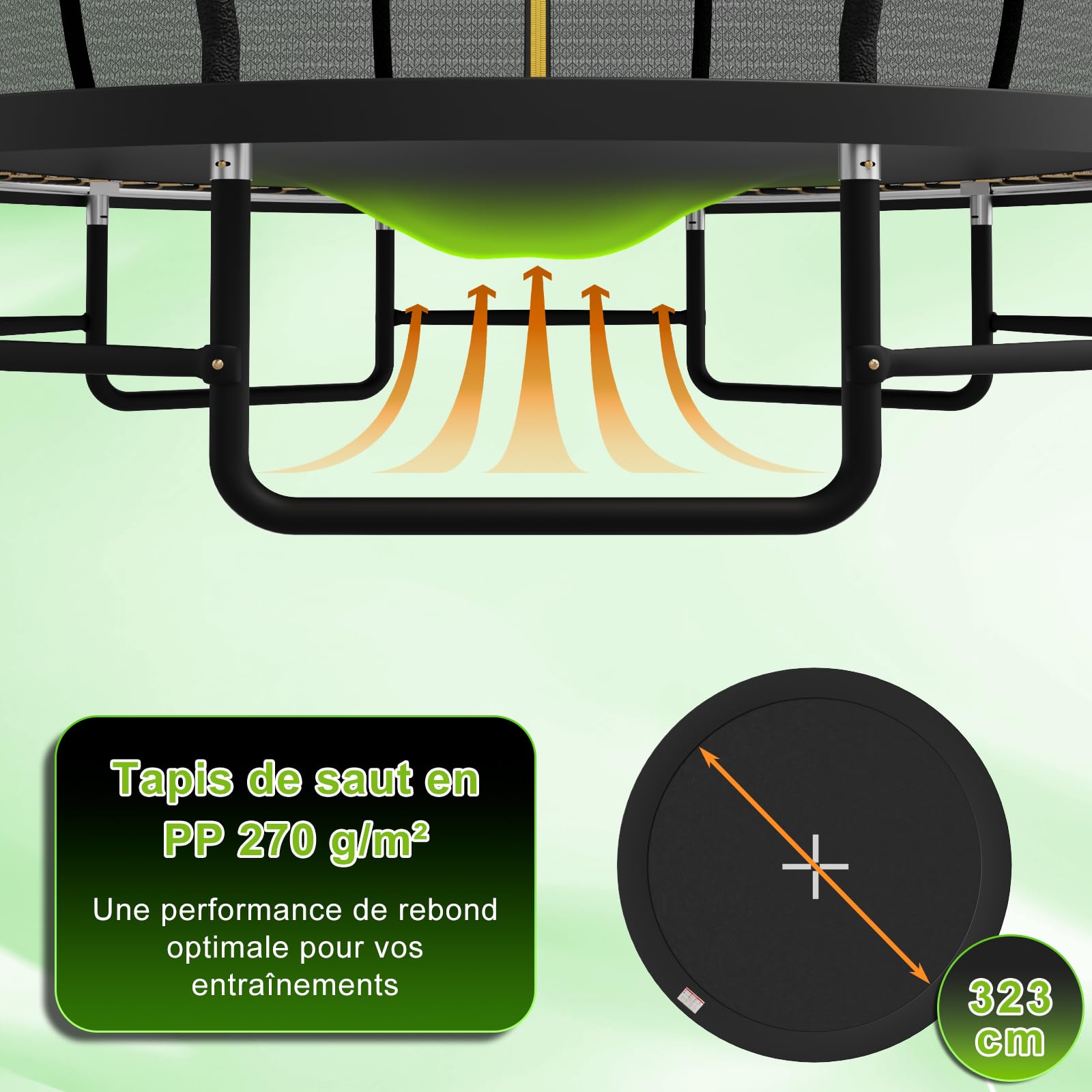 Devoko Trampoline Extérieur Ø228/305/366/427cm, Traverses de Jambe renforcées, Structure Stable et Robuste, Charge Max 160kg, Construction Monobloc, Installation Rapide, Adapté aux Enfants et Adultes