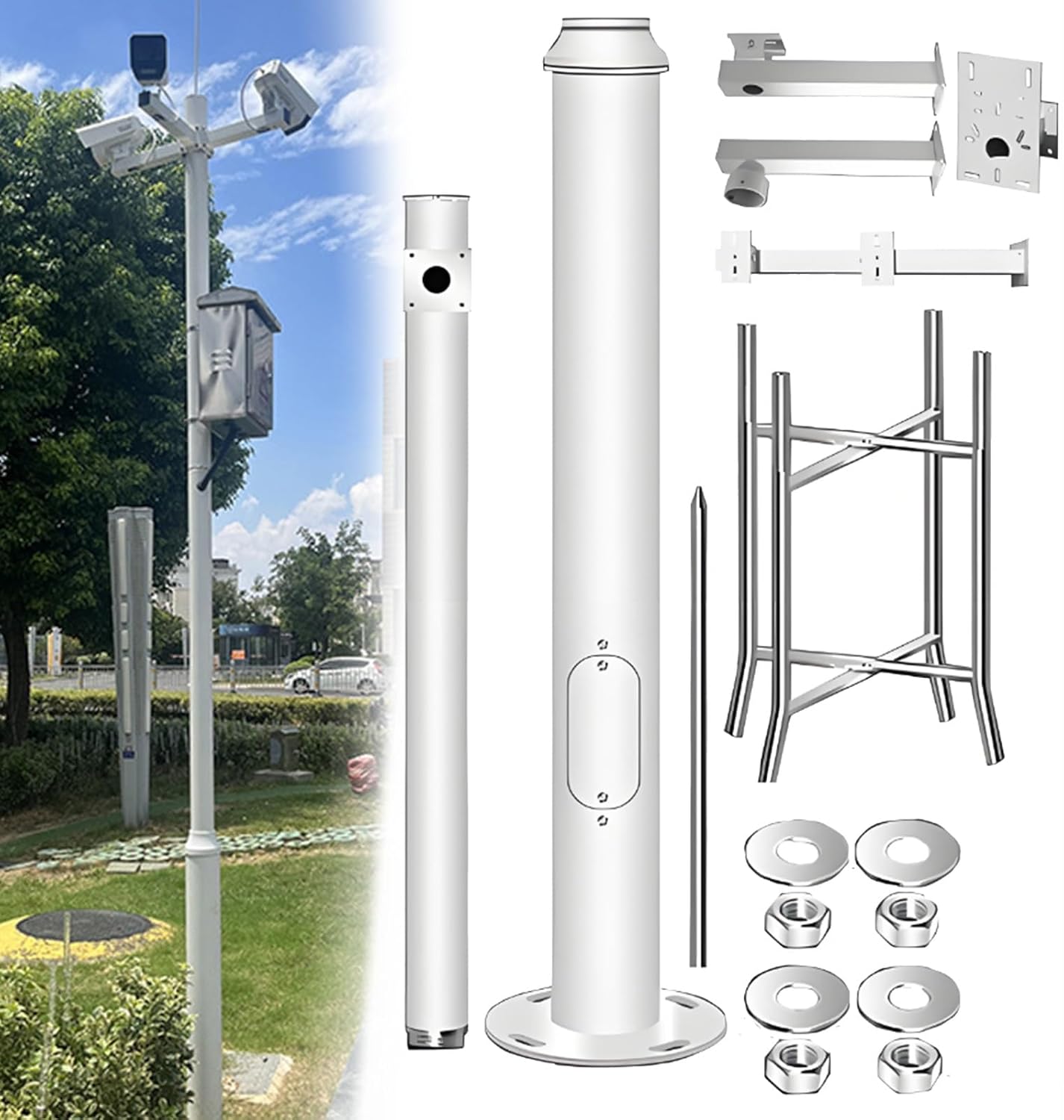 Heavy-Duty Outdoor CCTV Security Camera Mount Bracket Extender Pole, Weatherproof Metal Ground Stand for Surveillance Cameras, Adjustable Monitor Support Rack