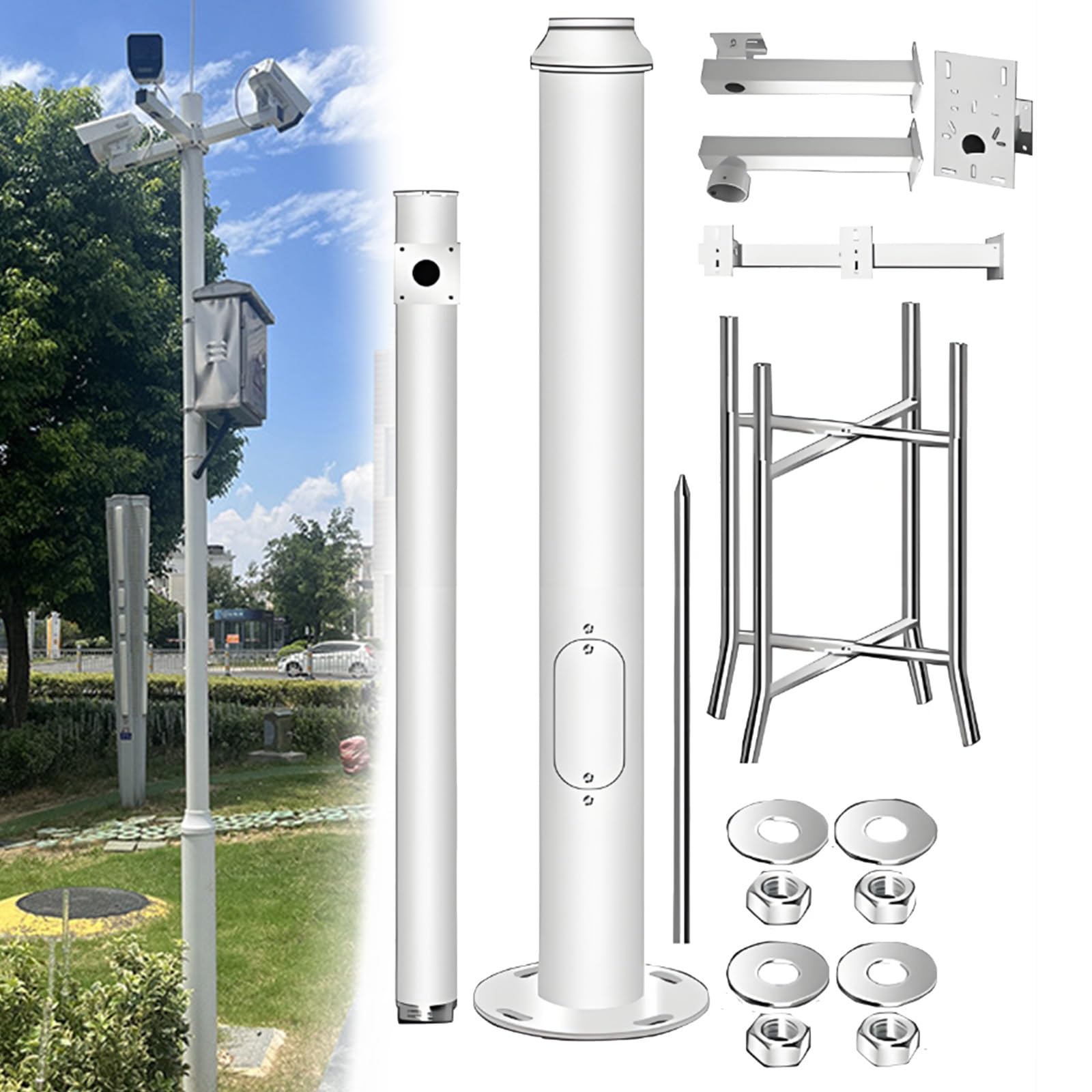 Este Soporte para cámara de Seguridad Exterior, Poste de Metal Resistente a la Intemperie para instalación en el Suelo y vigilancia
