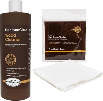 Furniture Clinic Wood Cleaner 17 oz + Lint Free Cotton Cloths | Eco-Friendly and Reusable Multi-Purpose Application Rags | Easily Remove Build Up, Grease and Dust