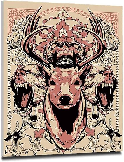 Amazon 鹿の装飾 1枚 アートフレーム 30x40cm 1枚 続き 絵 インテリア おしゃれ 部屋飾り 廊下 リビングルーム ベッドルーム 頭蓋骨とオオカミのモダンな芸術的なイラスト花柄のデザイン雄大な枝角ブラックベージュピンク アートワーク ポスター オンライン通販