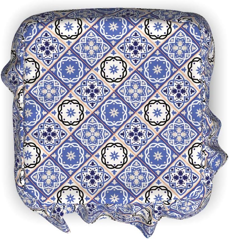 Ambesonne Moroccan Ottoman Cover, Geometric Azulejo Design, 2 Piece Slipcover Set with Ruffle Skirt for Square Round Cube Footstool Decorative Home Accent, Standard Size, Violet Blue Black and Cream