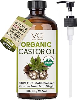 VITAL AFFAIR Castor Oil Organic Cold Pressed Unrefined Glass Bottle - USDA Certified Organic Castor Oil Oil For Skin, Hair Growth, Eyelashes, Eyebrows & Nails-8 Fl Oz