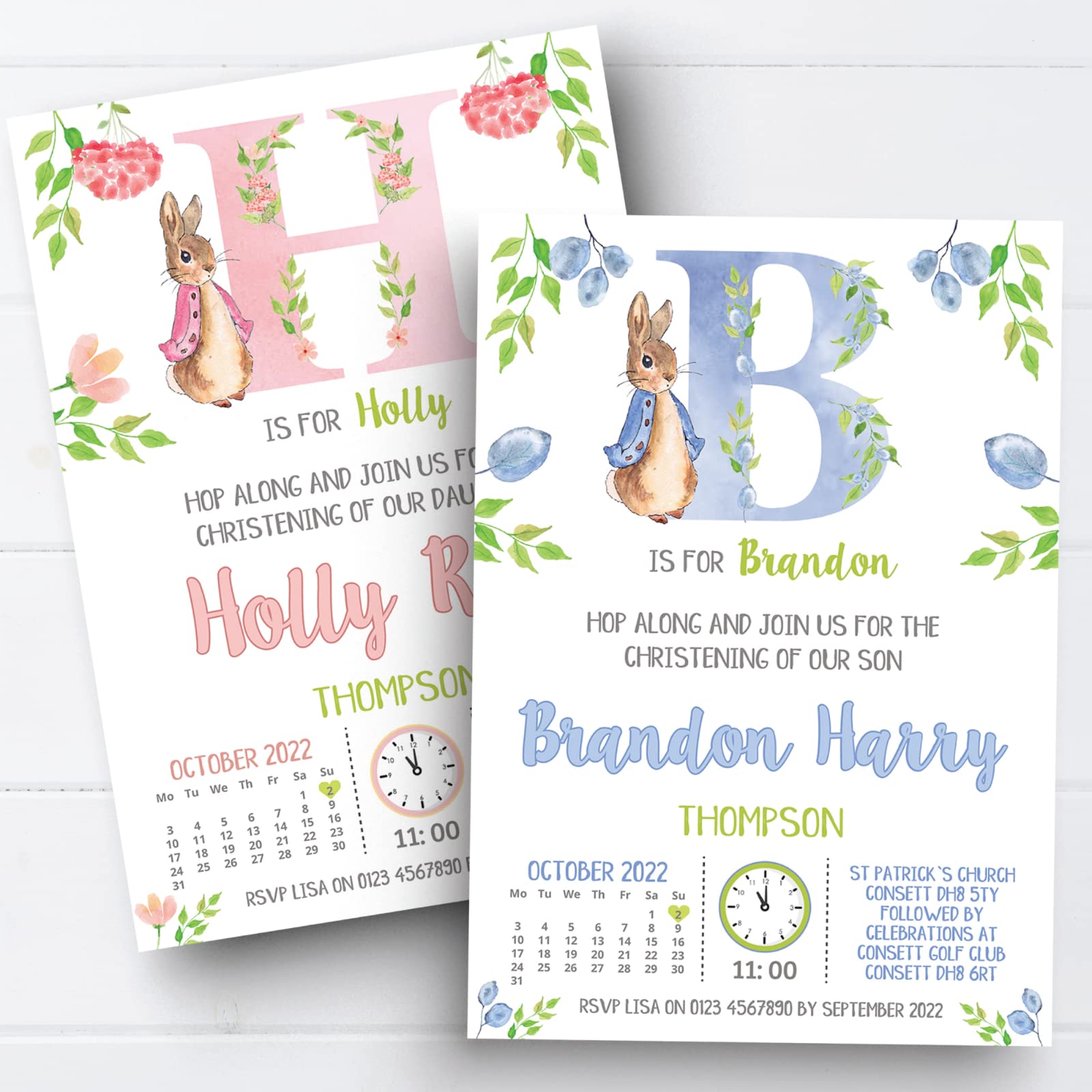 Personal Moments Beige|White|Grey 10 Personalised Peter Rabbit Christening Baptism Naming Day Invites Invitations