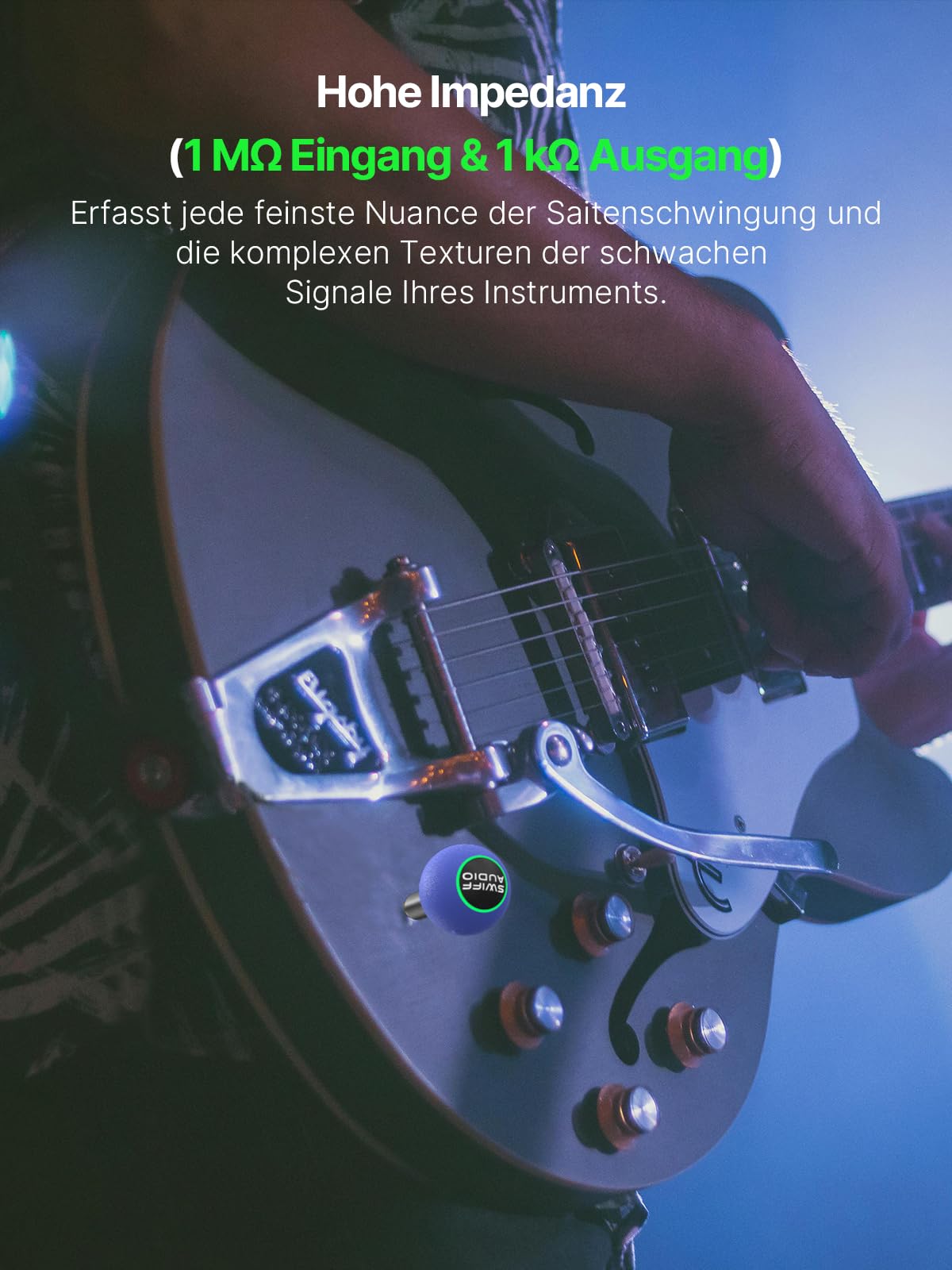 WT09B Funk-Gitarrensystem, Sender & Empfänger, 6 Kanäle mit Auto-Umschaltung, 5,8 GHz, <5,5 ms Latenz, 60 m Reichweite, 1 MΩ HiFi-Eingang, RGB-Anzeige, 4 Std. Laufzeit, Profi-Reiseset, Blau
