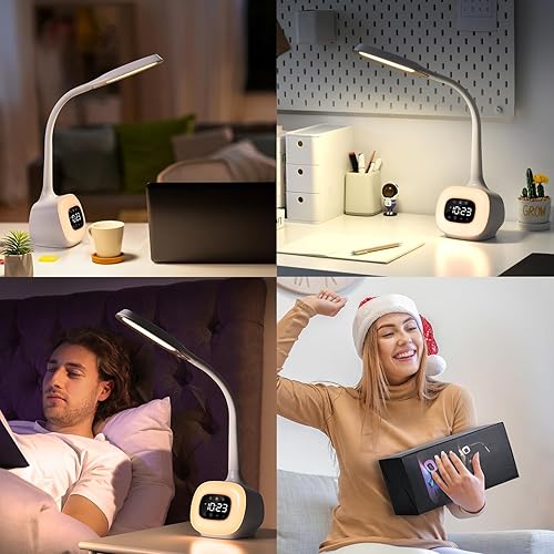 Miniatura 9 de WILIT Lámpara LED de escritorio, lámpara de mesita de noche con reloj despertador de simulación de amanecer, 8 sonidos naturales, lámpara táctil