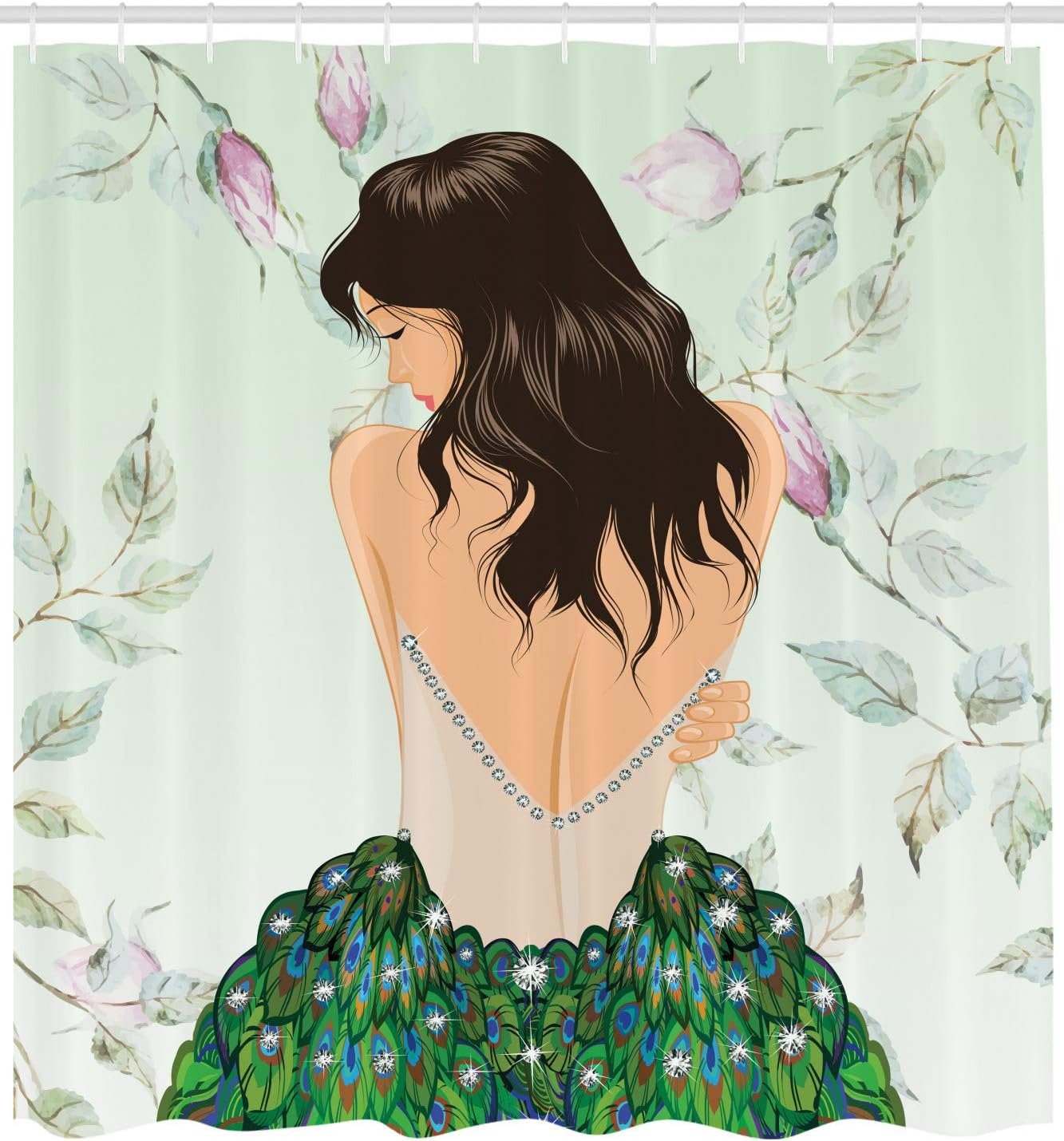 Ambesonne Anime Shower Curtain Peacock Décor, Fashion Girl in Rhinestones Roses Feathers Girly Models Fashionista, Polyester Fabric Bathroom Set with Hooks, 69" W x 70" L, Teal