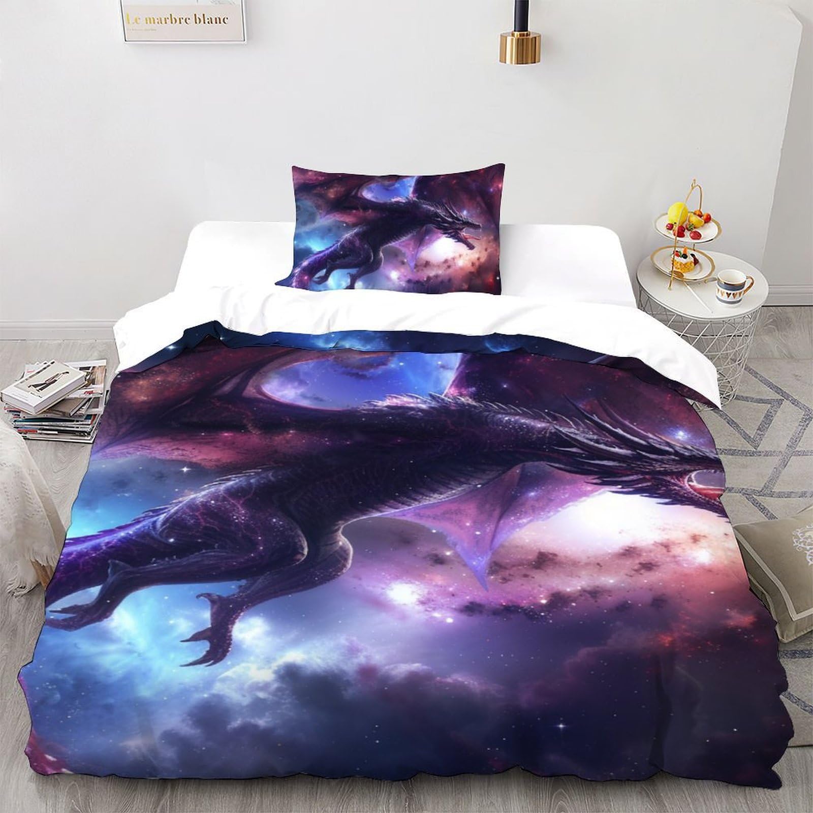 Housse de couette dragon 3D lit simple zip anti-glissement parure douce enfant