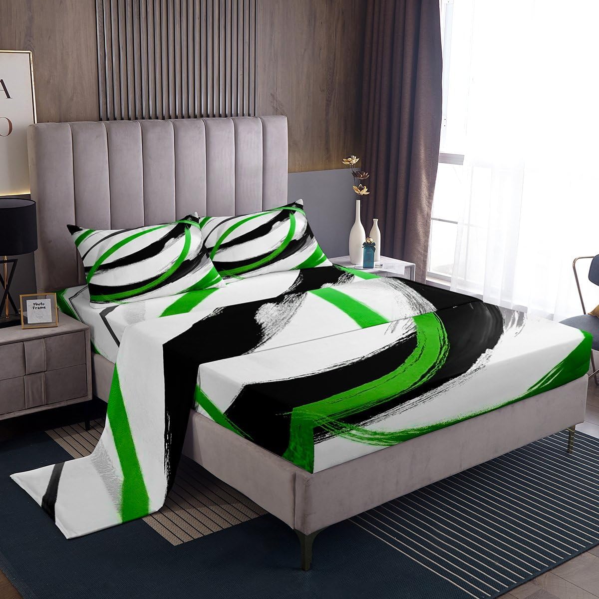 jejeloiu Green Bed Sheets Set Twin Size Line Abstract Bed Set for Kids Boys Girls Modern Geometric Deep Pocket Fitted Sheet Breathable Soft Lightweight Microfiber