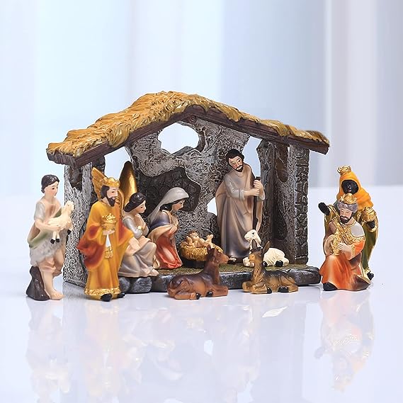 Nativity Scene Jesus Birth Set Statue, 12Pcs The Real Life Nativity Statue Hand Painted Christmas Nativity Sets & Figures Resin Crafts | Kings, Angel, Donkey, Holy Family Decor, Baby Jesus in Manger