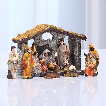 Nativity Scene Jesus Birth Set Statue, 12Pcs The Real Life Nativity Statue Hand Painted Christmas Nativity Sets & Figures Resin Crafts | Kings, Angel, Donkey, Holy Family Decor, Baby Jesus in Manger