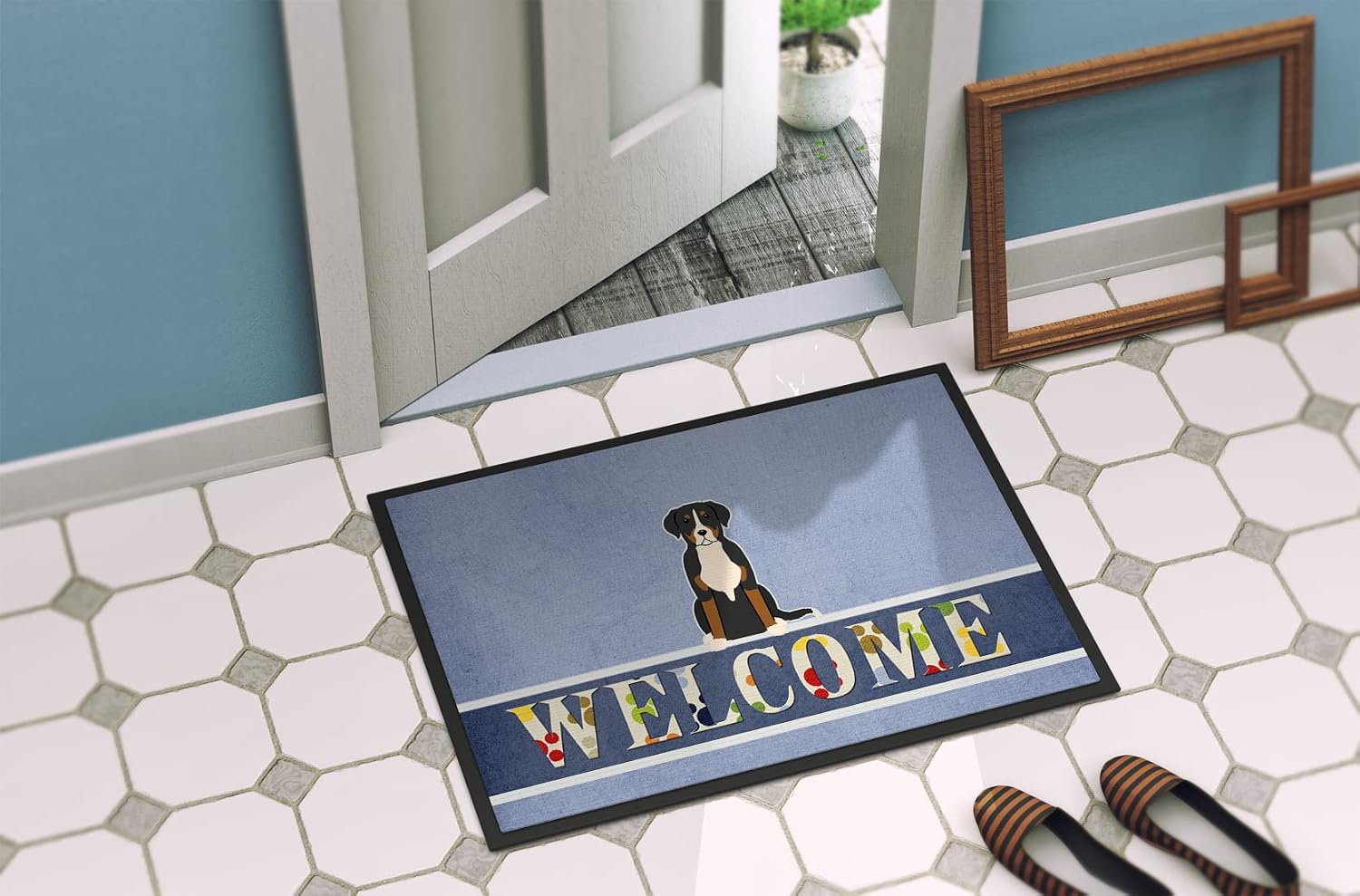 Caroline's Treasures BB5618MAT Greater Swiss Mountain Dog Welcome Doormat 18x27 Front Door Mat Indoor Outdoor Rugs for Entryway, Non Slip Washable Low Pile, 18H X 27W