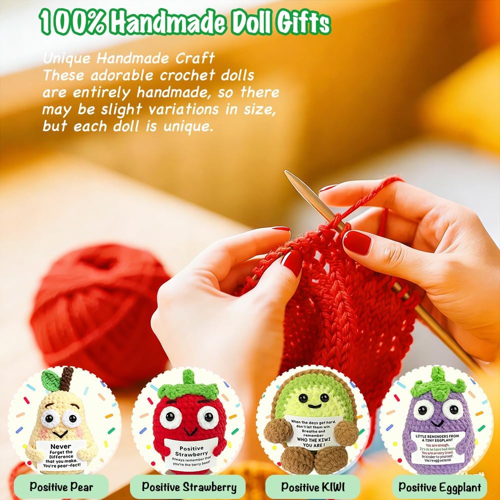 12PCS Emotional Support Crochet Vegetables Fruits Positive Animals Bulk Positive Pickle Patato Easter Basket Stuffers for Teens Encouragement Employee Gifts Office Desk Decor for Friend Coworker Adult