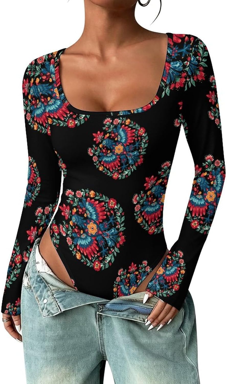Polish Ea-gles Folk Art Women's Bodysuits Long Sleeve Top 5XL