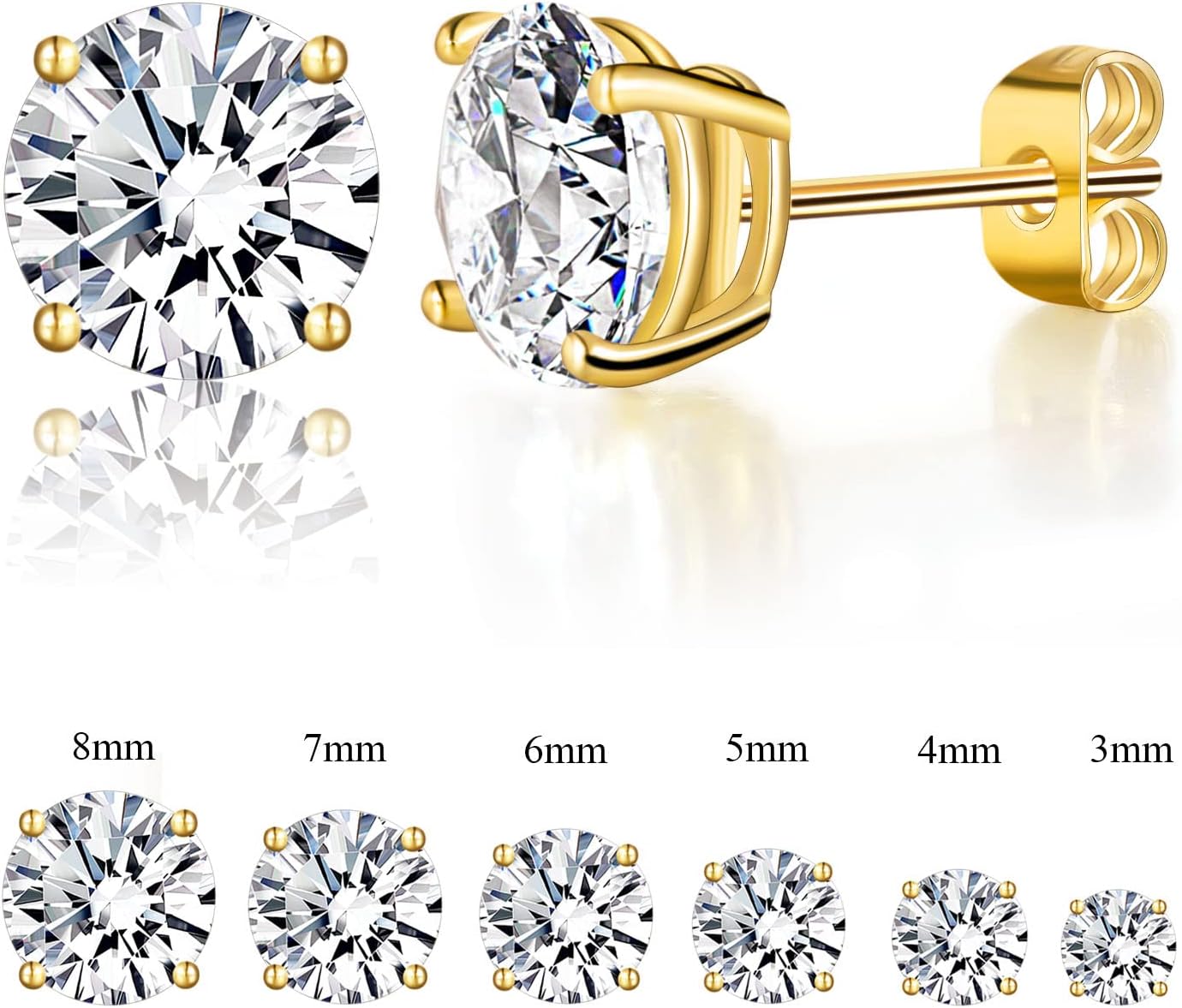 Gemsme 6 Pairs Cubic Zirconia Stud Earrings for Women/Men - Round Cut 4 Prong Settings 18K Gold Plated Hypoallergenic 3-8mm Clear Earrings Set - Image 2