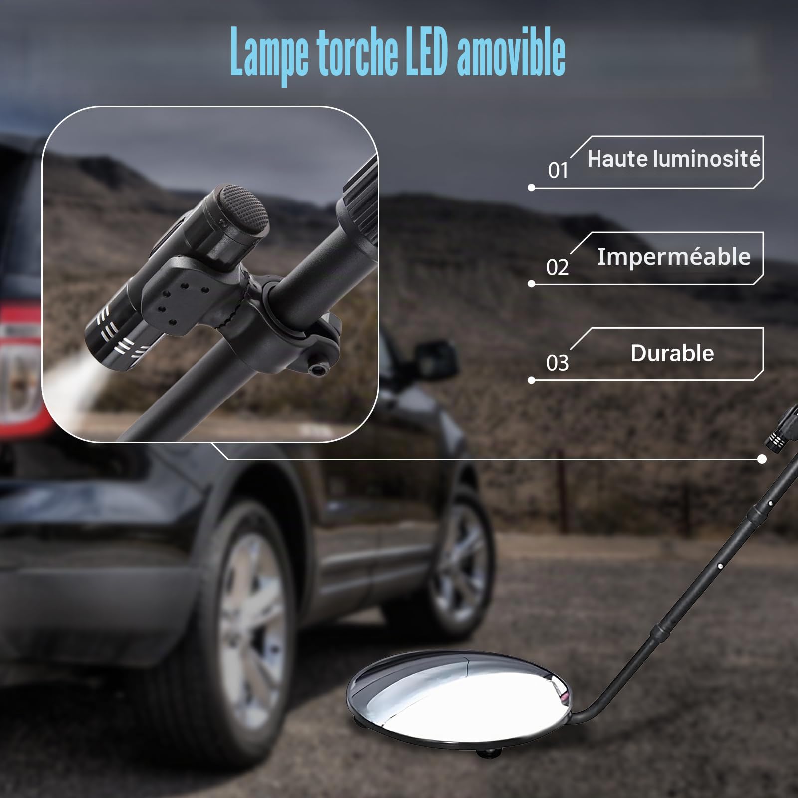 Miroir d'inspection sous véhicule, 55" Miroir d'inspection télescopique avec Roues et lumière LED, Miroir de Recherche Convexe pour l'inspection de sécurité de Voiture/Camion/équipement/étagère/Coin