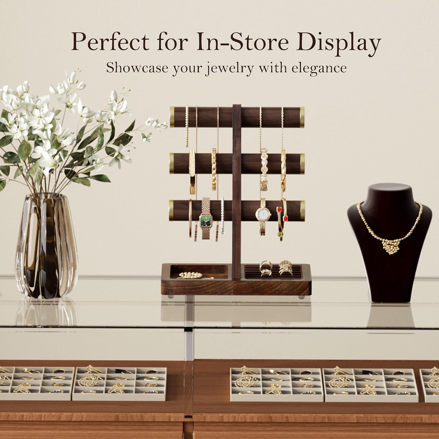SRIWATANA 1 Bracelet Holder, Jewelry Display Stand Birthday Mother's Day Christmas Wood Solid Wood Classic Design Non-Slip Pad Metal End Cap Keeps Jewelry Secure T-Bar Organizer for Bracelets - Walnut