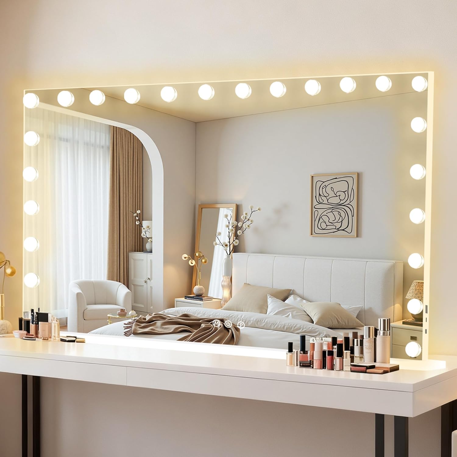 Moonee Vanity Mirror with Lights, Hollywood Lighted Makeup Mirror with 24 Dimmable Bulbs and 10X Magnification, 3 Colors Modes, Aluminum Metal Frame, Light Up Mirror for Tabletop/Wall（48" x 30"）
