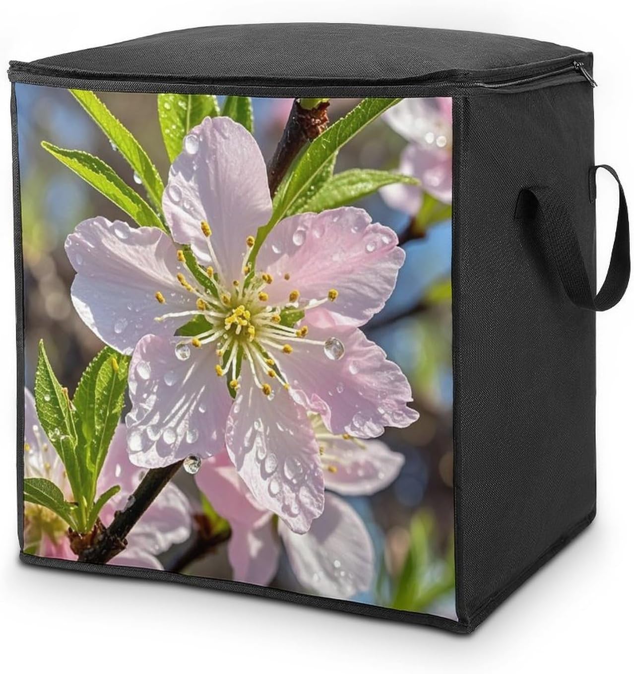 Peach Cherry Blossom Storage Bag with Zippers And Handle Extra Large Bedding Comforter Storage Bag Foldable Blanket Storage Bags Fabric Moving Bags for Closet Organizer (70L)