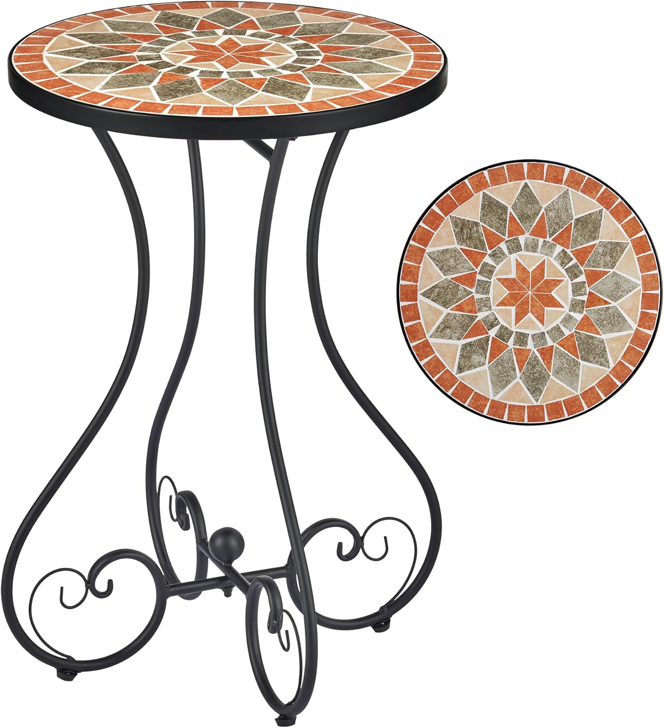 VONLUCE Outdoor Side Table and Mosaic Plant Stand, 21" Round End Table with 14" Ceramic Tile Top for Patio Porch Decor, Indoor and Outdoor Accent Table, Small Coffee Table for Home Garden, Quilt Star