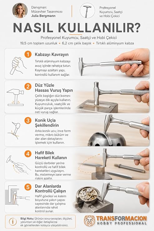 Transformacion Profesyonel Kuyumcu ve Saatçi Çekici - 19.5 cm Paslanmaz Çelik Başlıklı Mikro Şekillendirme Çekici - Alüminyum Tırtıklı Hassas Takı Tasarım ve Hobi Aleti 723312