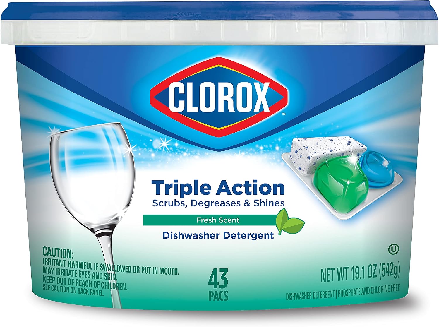 Clorox Triple Action Dishwasher Detergent Pacs, 43 Count Dishwashing Pacs, Fresh Scent
