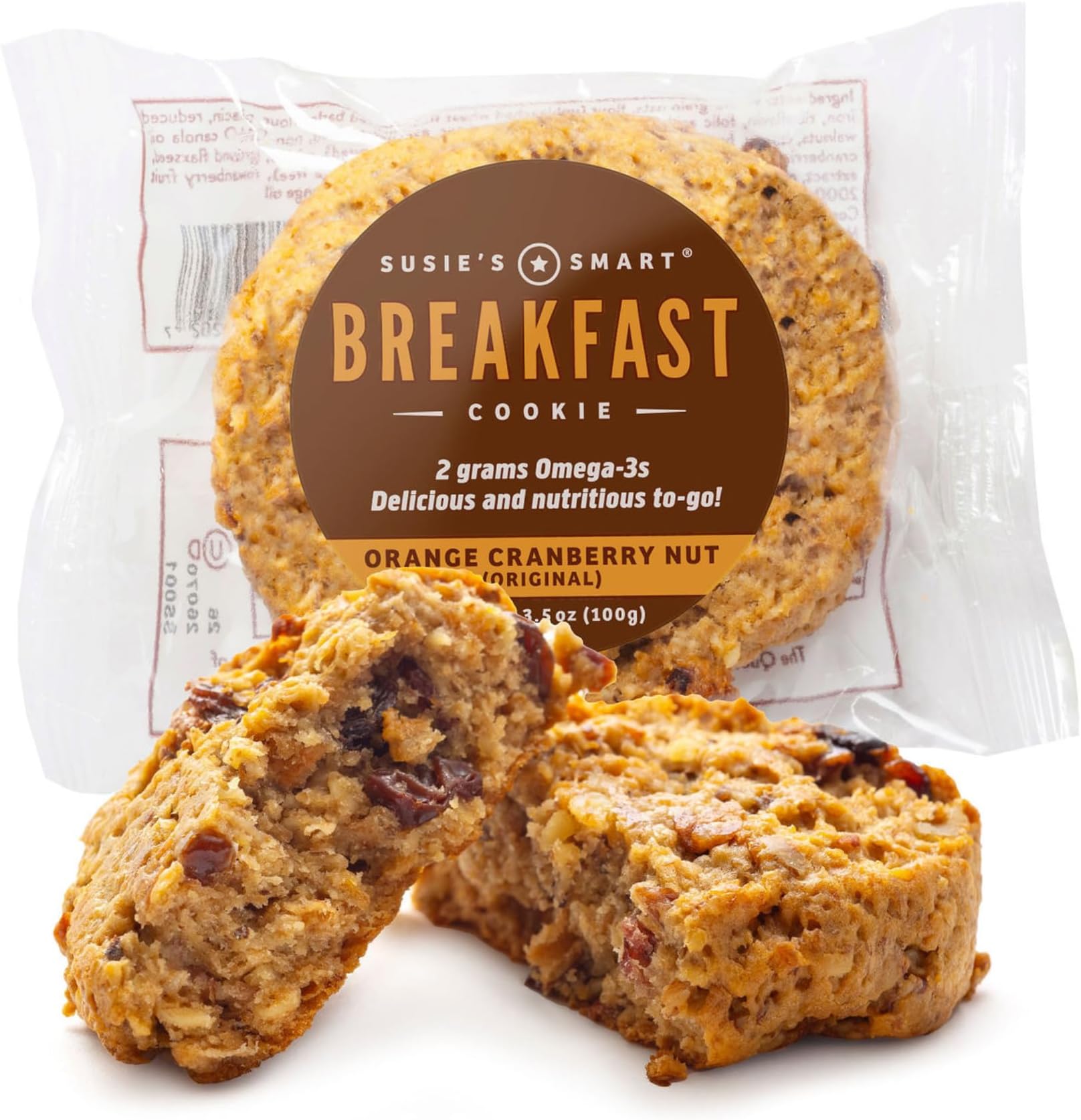 Susieโs Smart Breakfast Cookie, Orange Cranberry Nut, Omega-3 and Protein-Rich, Soft Chewy Whole Grain Snack, Healthy On-the-Go Breakfast or Anytime Treat, Pack of 18, 3.57 oz Each