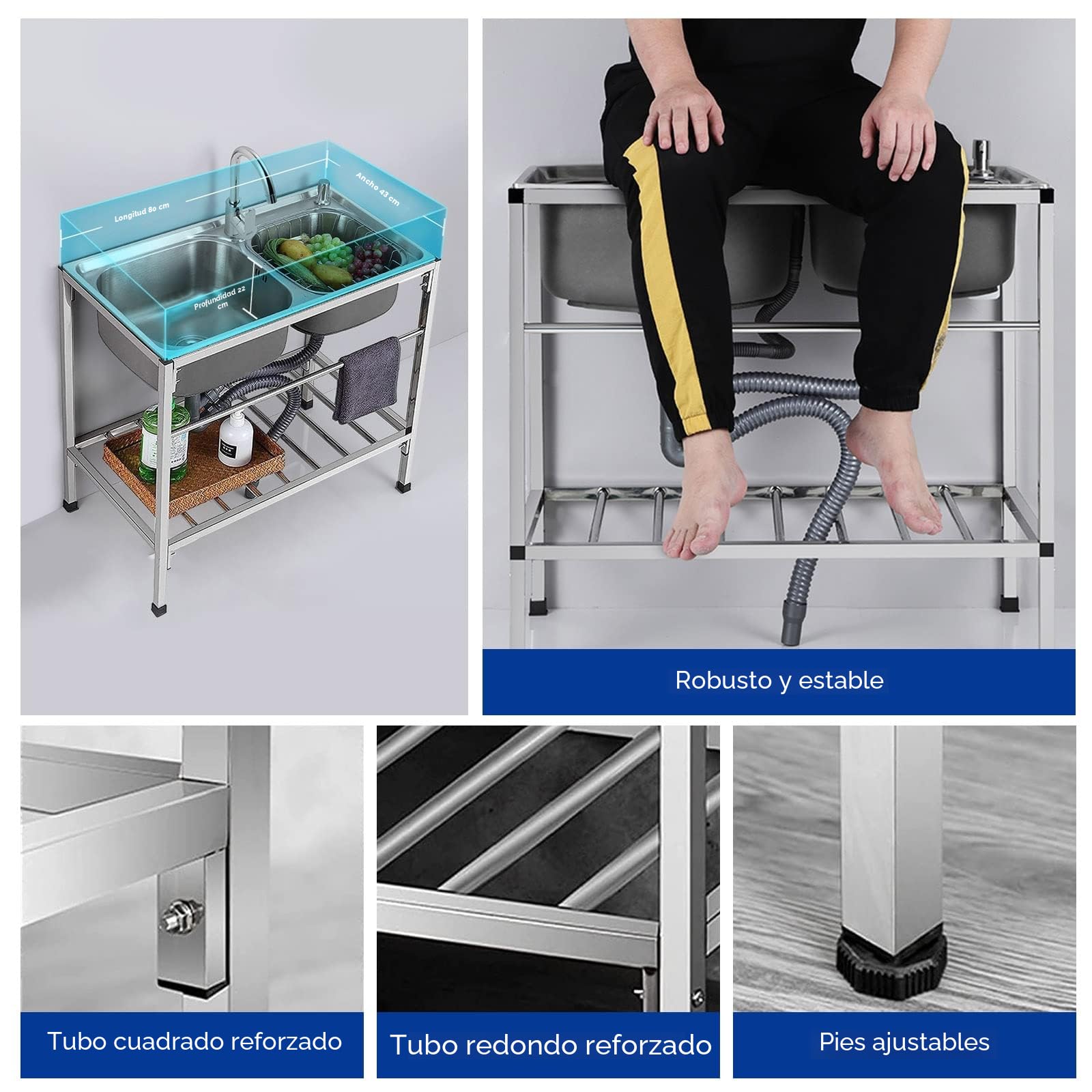 Fregadero Exterior de Acero Inoxidable con 2 Cubetas (83x45x85cm) - Estante de Almacenamiento e Incorpora Grifo de Agua Fría y Caliente para Jardín,Ideal Hostelería
