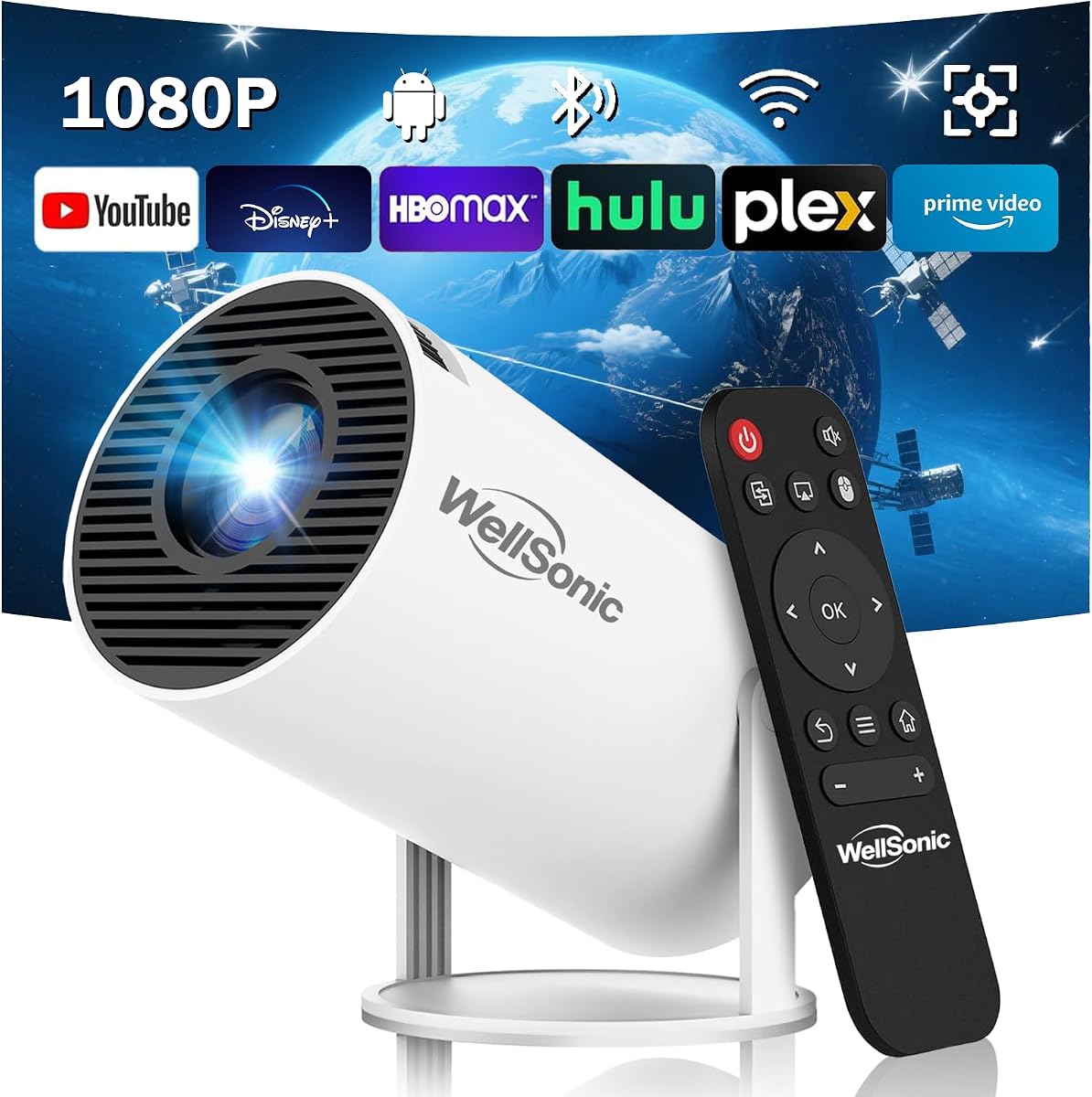 Mini Projector Support 1080P, 200 Ansi Home Movie Projector Portable Projector with Wifi and Bluetooth, Automatic Keystone Correction, 180°Rotatable, Compatible with HDMI USB PC Laptop