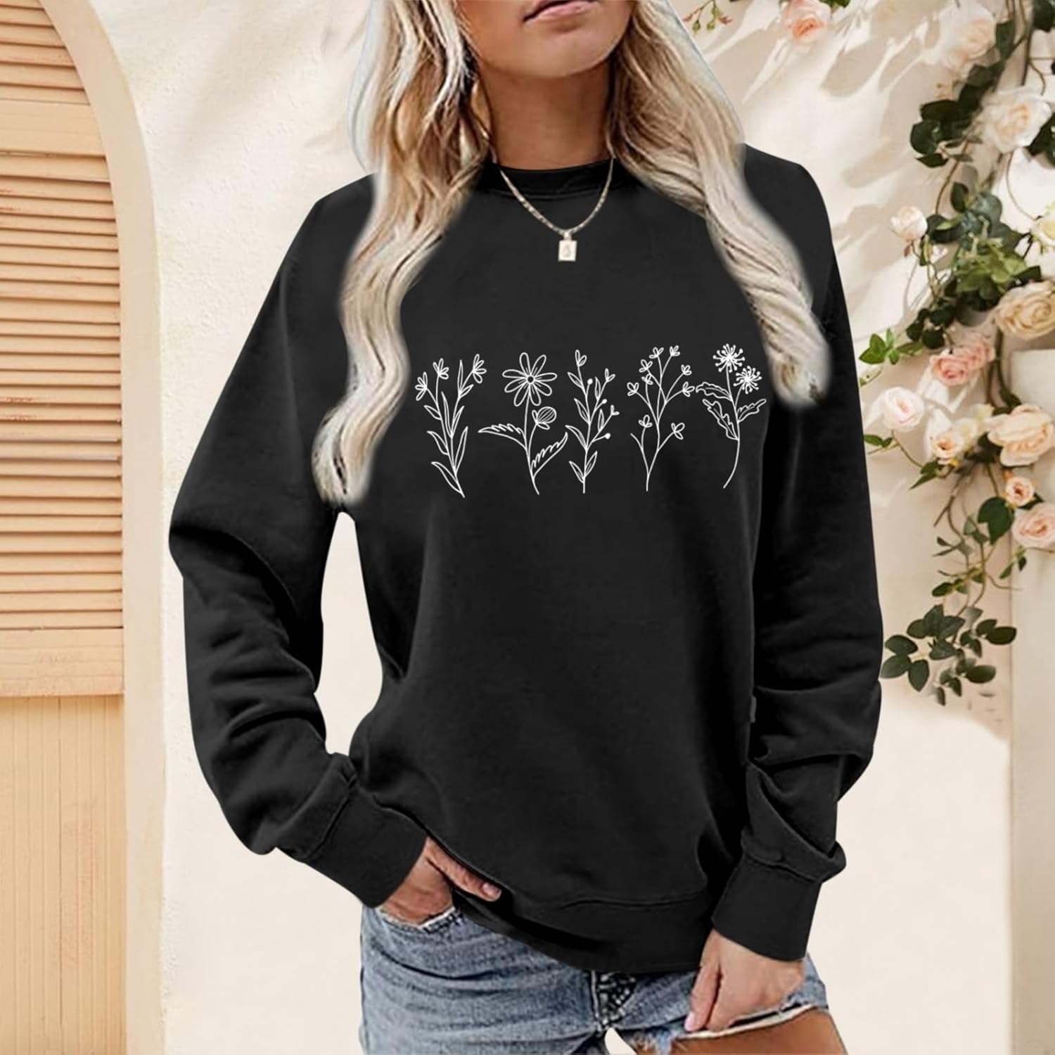 Flower Graphic Sweatshirt Women Vintage Floral Printed Long Sleeves Shirt Crewneck Hoodie Loose Fall Pullovers Tops - Image 3