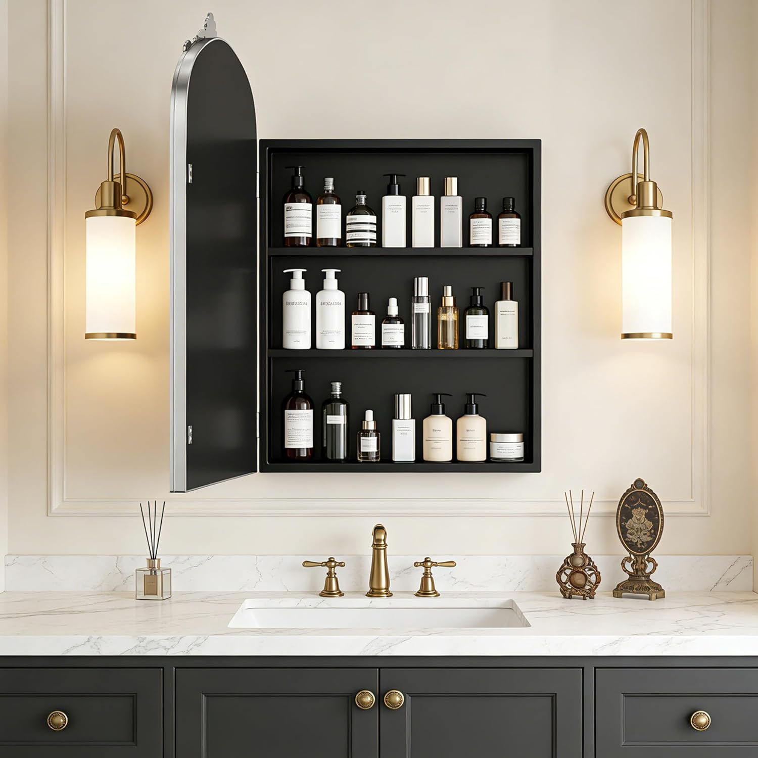 SDHYL 24"x16" Recessed Medicine Cabinet with Mirror, Vintage Silver Wall-Mounted Bathroom Mirror Cabinet with Storage, 2 Stable & Removable Shelves