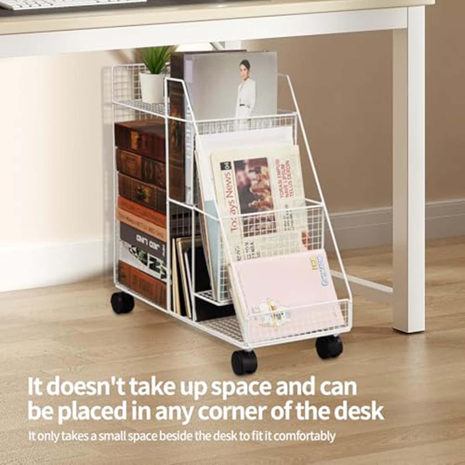 Compact Rolling Iron Storage Cart - Under-Desk Bookshelf with Easy Assembly, Stylish Black Finish for Home & Office Organization