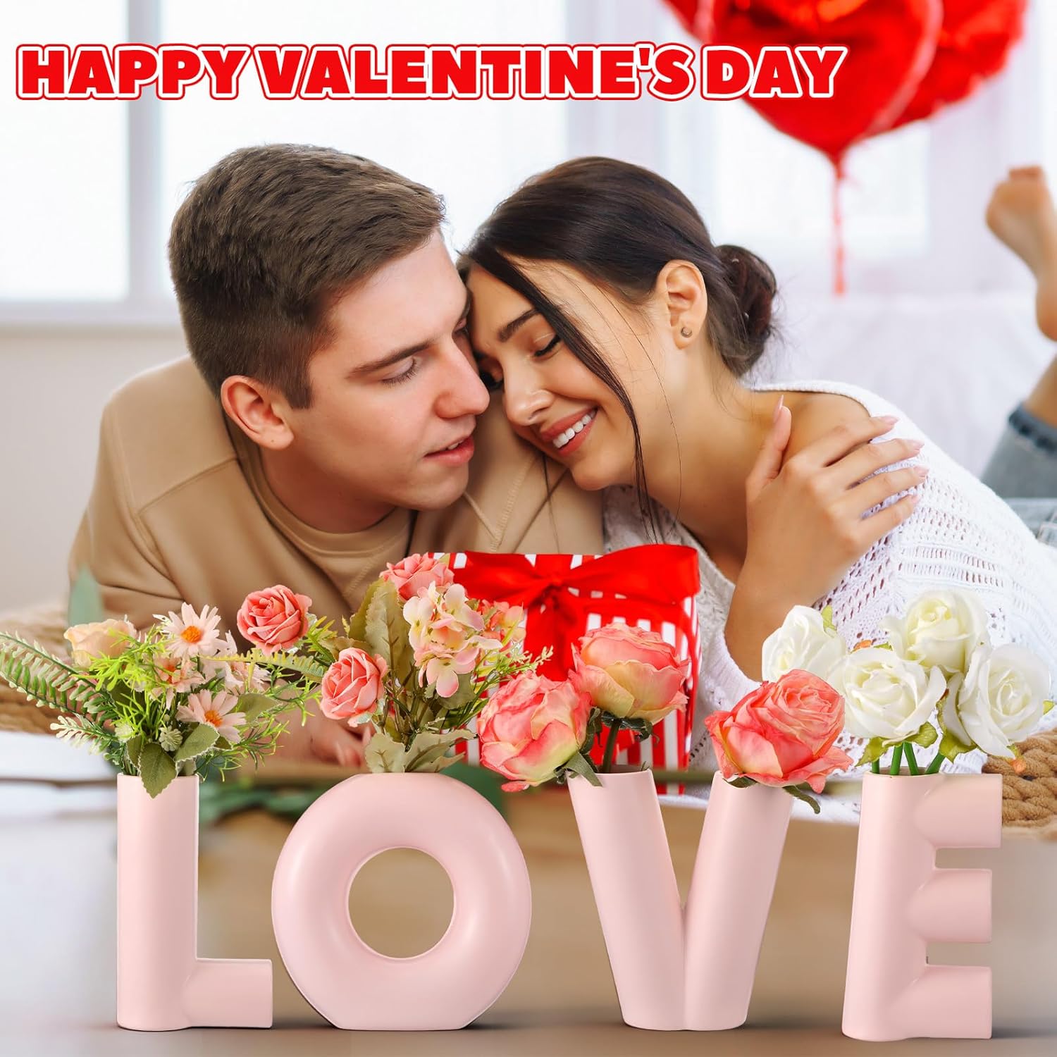 4 Pcs Valentines Love Vases Set Valentine's Day Decoration for Home Pink Love Shaped Resin Vase Small Pink Heart Flower Vases Gift Trendy Centerpiece for Wedding Party Modern Room Farmhouse