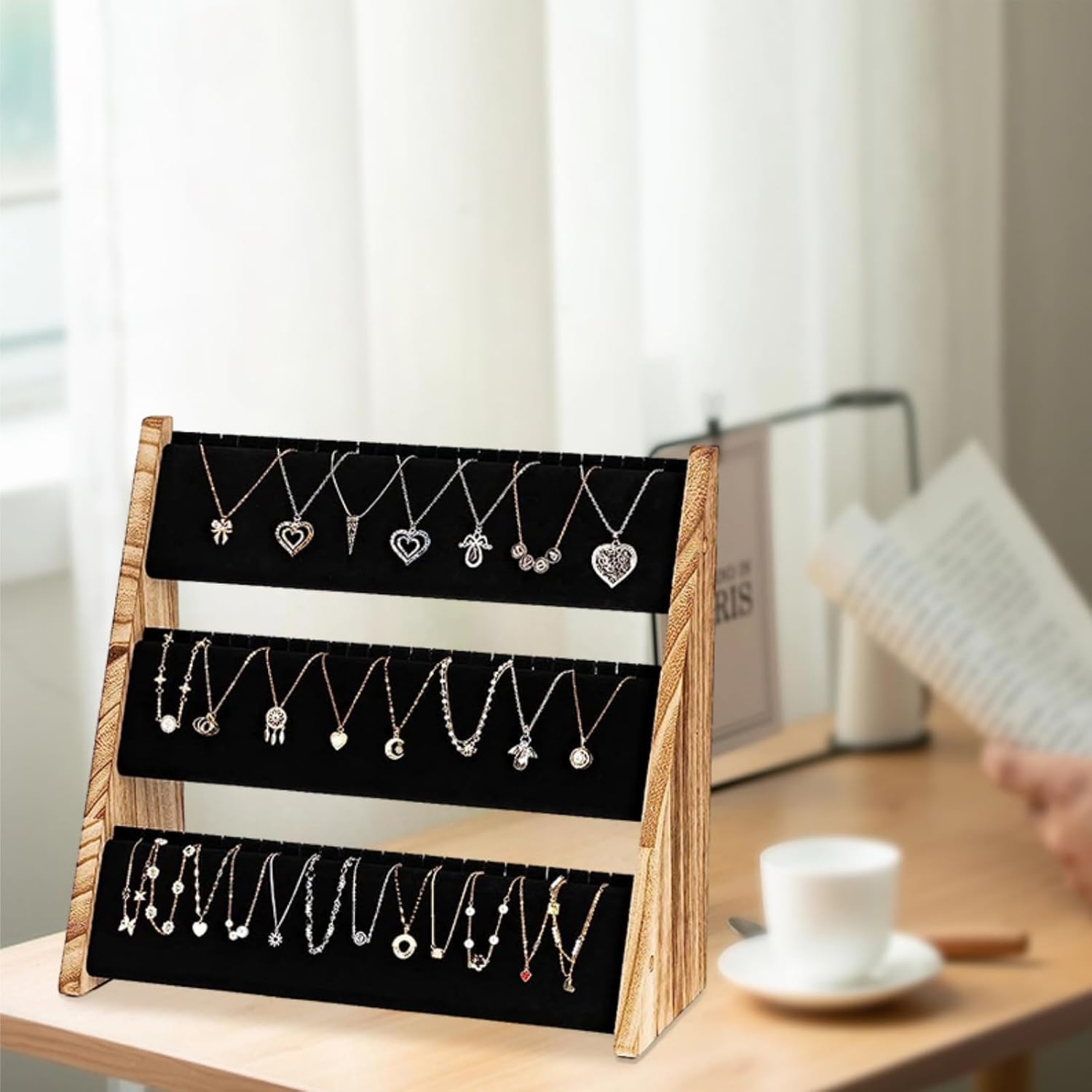 3 Tier Necklace Display Stand, Wood Necklace Holder Organizer with Velvet, 72 Slot Tabletop Jewelry Stand Storage for Selling Bracelets Earring, Home Store Trade Show - Image 7